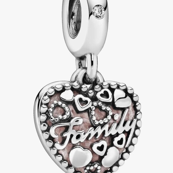 Pandora Sterling Silver and Peachy Pink Heart “Family” Charm Bracelet - Picture 3 of 7